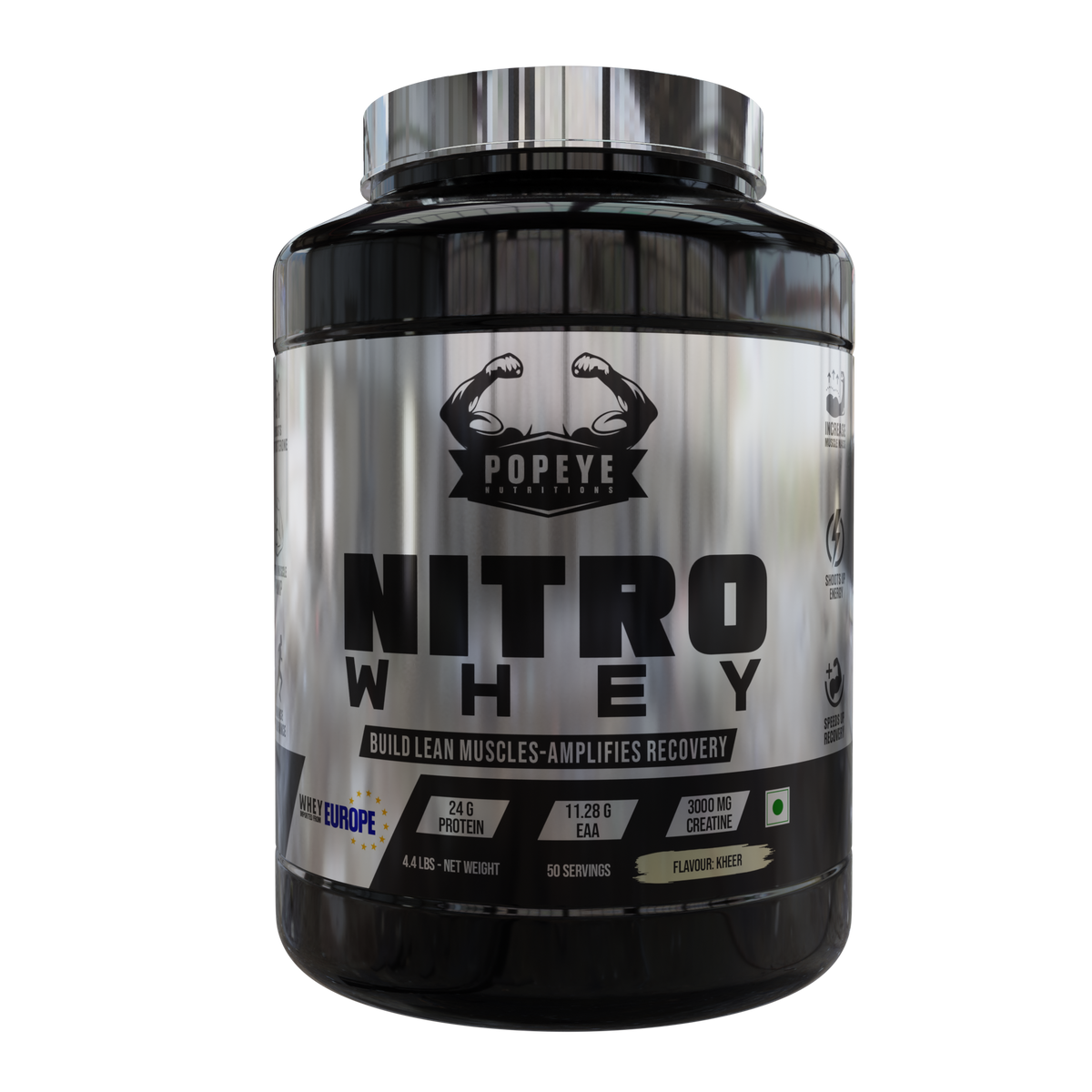 Popeye Nutritions Nitro Whey Protein Powder 24g Protein 3000mg Creatine 500mg Arginine, 2 lbs. Kheer