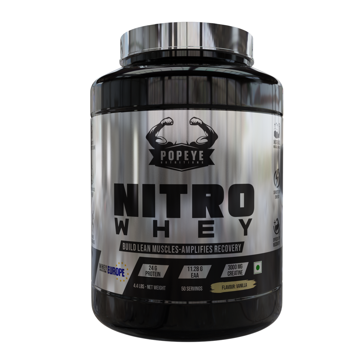 Popeye Nutritions Nitro Whey Protein Powder 24g Protein 3000mg Creatine 500mg Arginine, 2 lbs. Vanilla